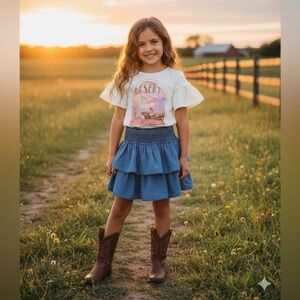 Haute Hippie Cream Top and Blue Tiered Skirt And Top